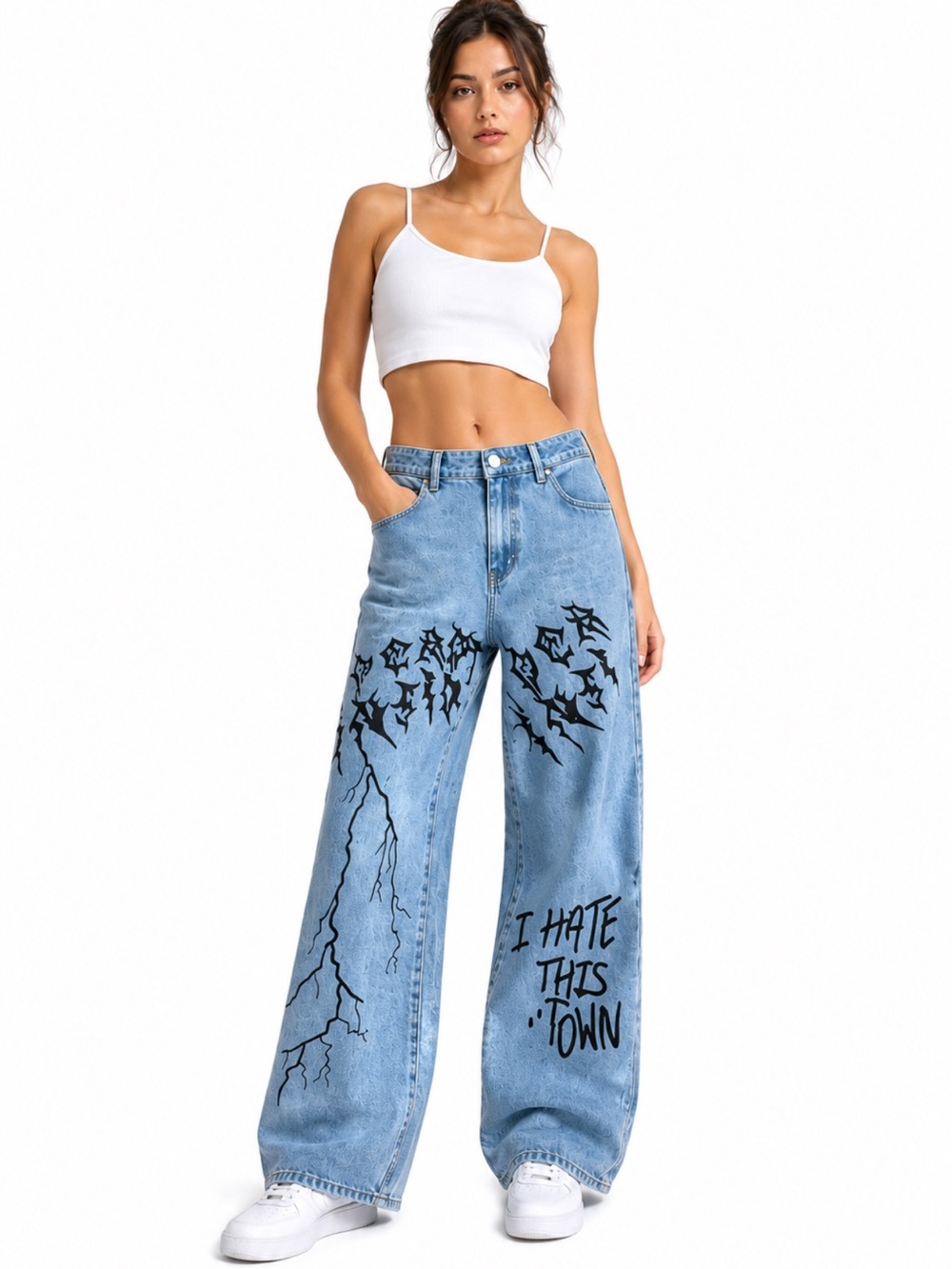 SHEIN Graphic Wide Leg Lightning Bolt Statement Jeans Size 4